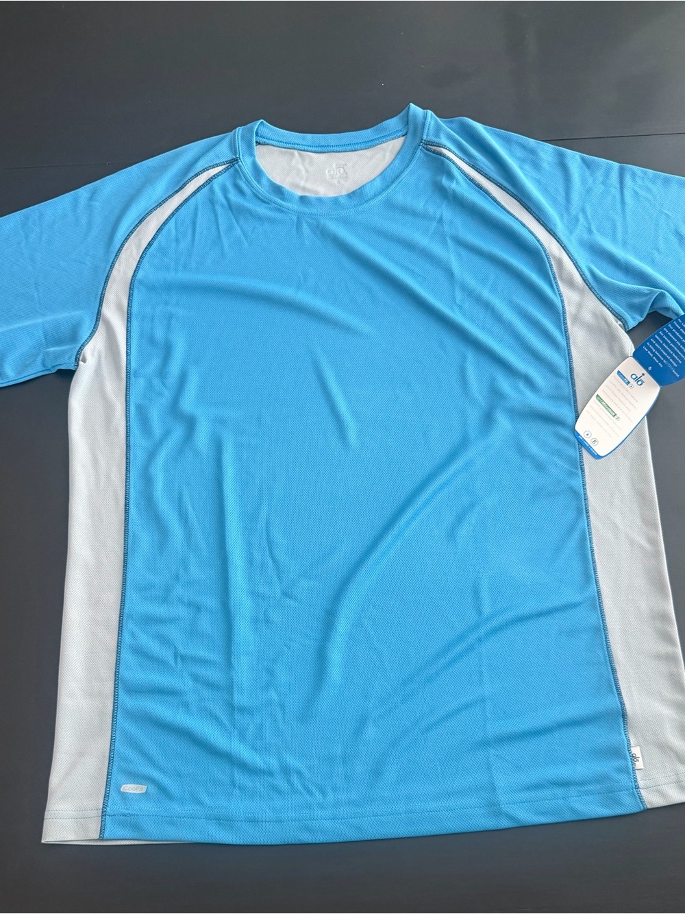 ALO  Men's Sky Blue and White Short-Sleeve shirt.